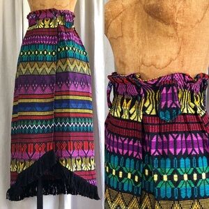 Vintage 80s/90s Woven Ethnic Cinched High Waist Fringe Hem Pencil Midi Skirt